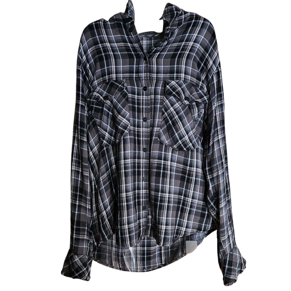 Sanctuary Womens Medium Boyfriend Plaid Flannel Snap Down Adj. Slv. Shirt Top